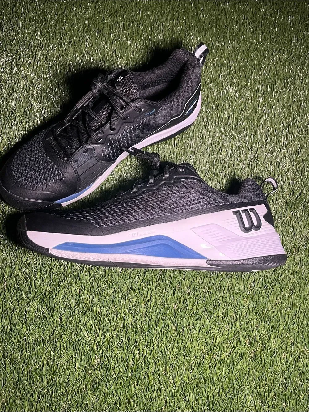 Men’s 12 Wilson Pro Rush 4.5 Black Tennis Shoes with Blue & White Accents